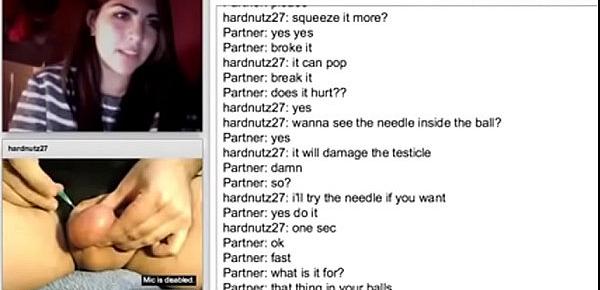  testicle squeezing and needle pushed inside ball on webcam